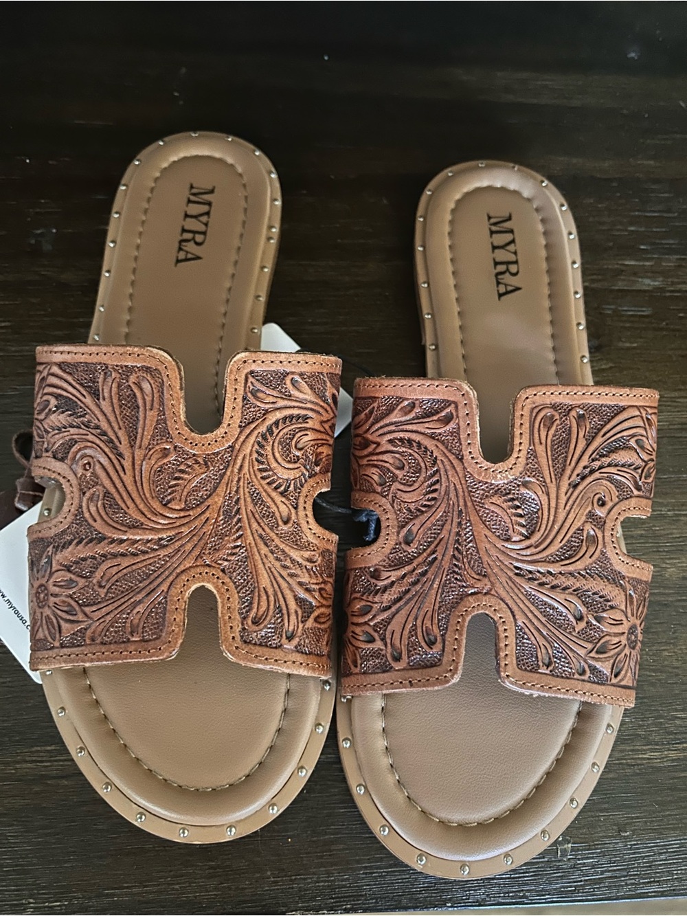 Myra Bag Brown Embossed Leather Slide Sandals